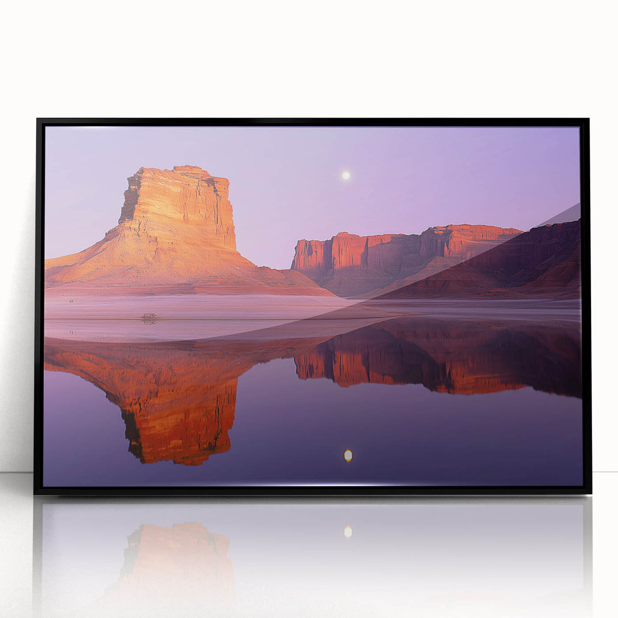 Framed acrylic wall art depicting serene cliffs and landscapes, featuring a sleek black frame and vibrant colors, ideal for enhancing modern home decor.