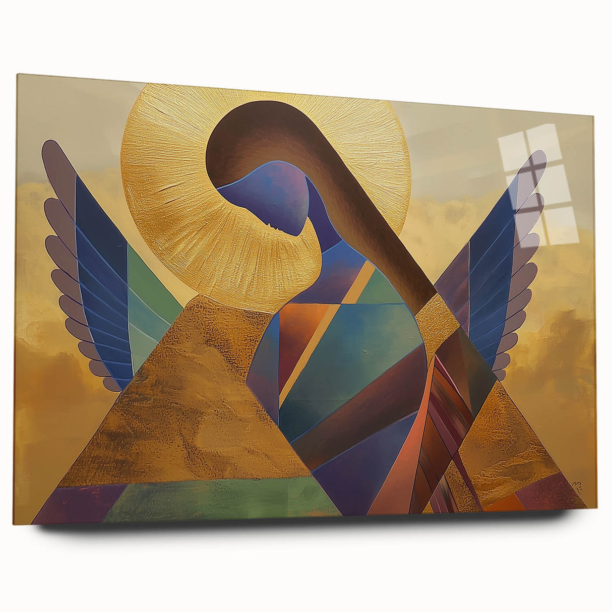 Abstract figurative acrylic glass artwork showcasing vibrant colors and dynamic shapes, viewed from the side, highlighting its contemporary design and sleek finish.