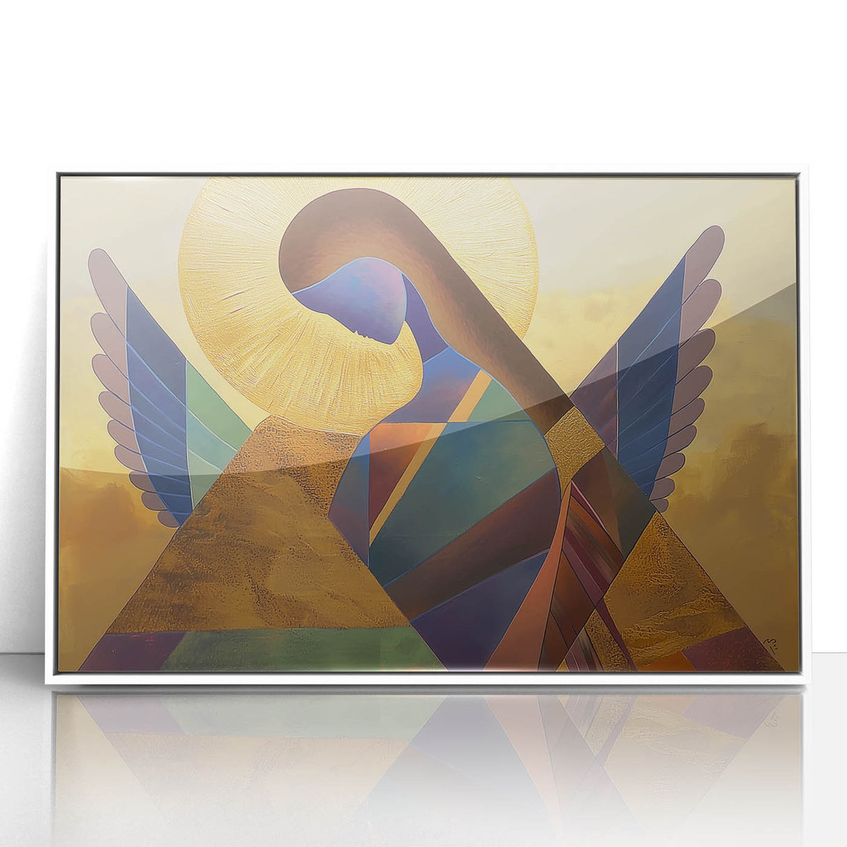 Framed abstract figurative art piece in white acrylic, showcasing vibrant colors and dynamic shapes, perfect for modern home decor and artistic expression.