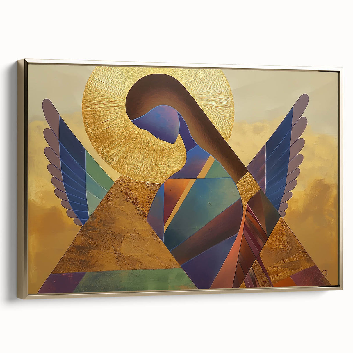 Framed abstract figurative canvas art featuring gold accents, showcasing a modern design with elegant lines and curves, ideal for contemporary interior decor.