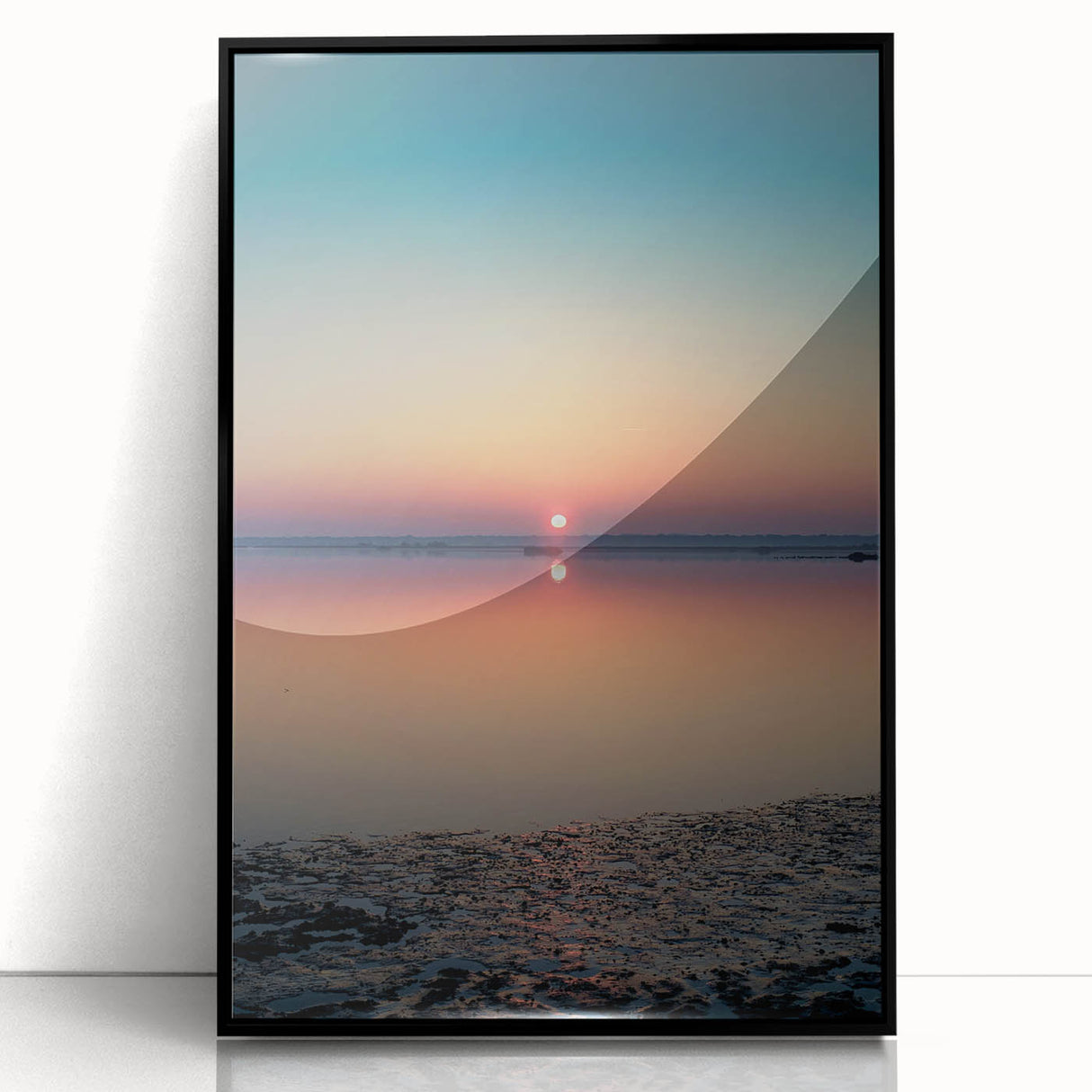 Framed abstract landscape wall art in acrylic with a black frame, showcasing vibrant colors and fluid shapes, perfect for modern home decor.