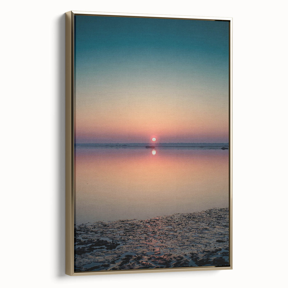 Framed canvas artwork showcasing an abstract landscape design with golden hues and intricate textures, displayed in a side view to highlight its elegant frame. Perfect for modern home decor.