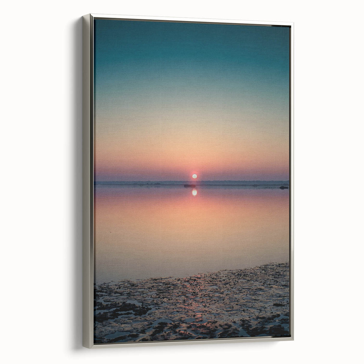 Framed canvas wall art depicting an abstract landscape with silver accents, showcasing a modern artistic design perfect for home decor. The piece features intricate textures and a sleek side profile, ideal for enhancing any contemporary living space.