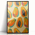 Large abstract wall art featuring assorted fruits in vibrant colors on a black acrylic framed print.