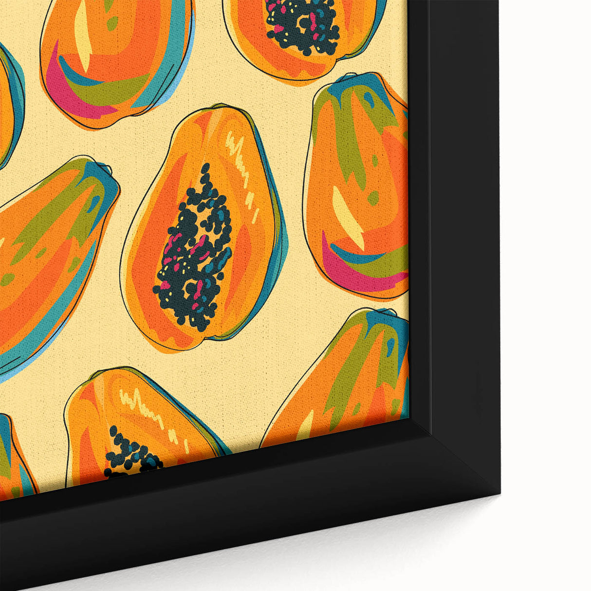 Close-up of a black canvas featuring colorful, textured fruit designs, ideal for extra large living room wall art.