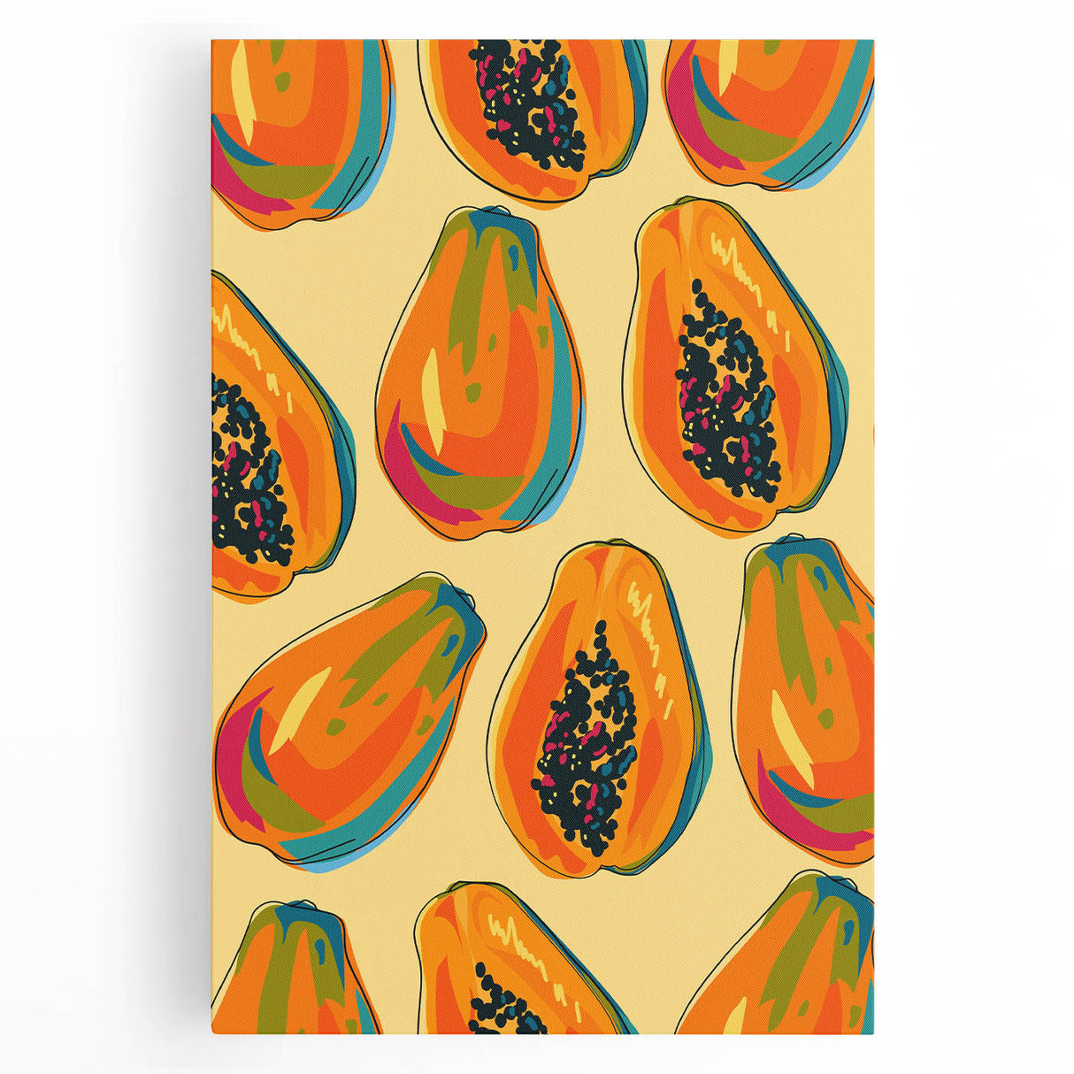Large black and white photo of assorted fruits on stretched canvas, ideal for kitchen wall art.