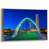 Framed canvas artwork of a landscape bridge design, showcasing a golden frame and vibrant colors, perfect for home décor and enhancing interior aesthetics.