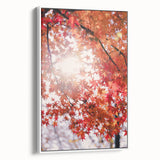 Vintage poster art of a fall scene, featuring colorful trees on a large framed canvas, ideal for living room decor.