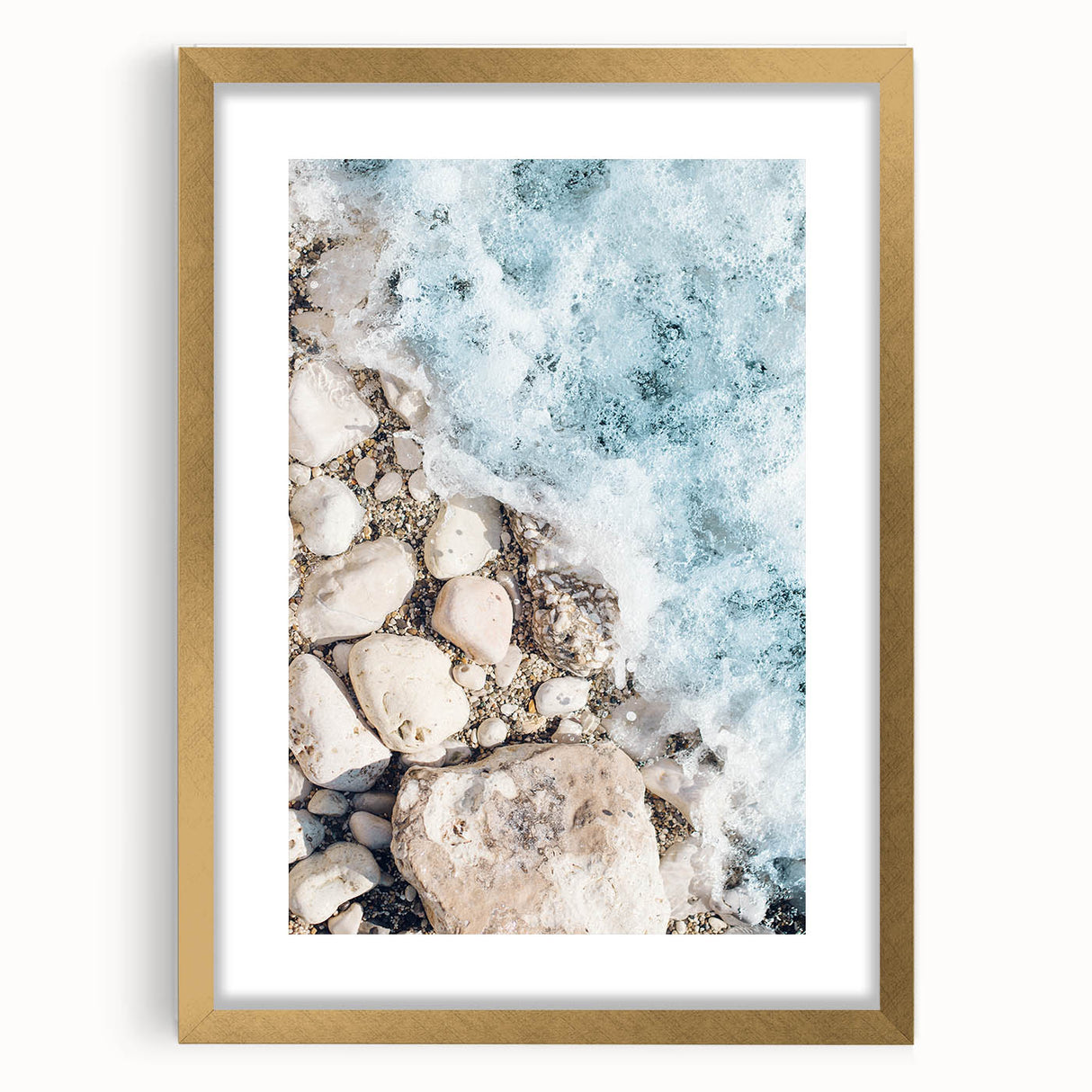 Extra large abstract art print with textured design in vibrant yellow and orange tones, framed in gold.