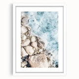 Abstract art print featuring vibrant summer hues on a white framed canvas, suitable for dining or bedroom decor.