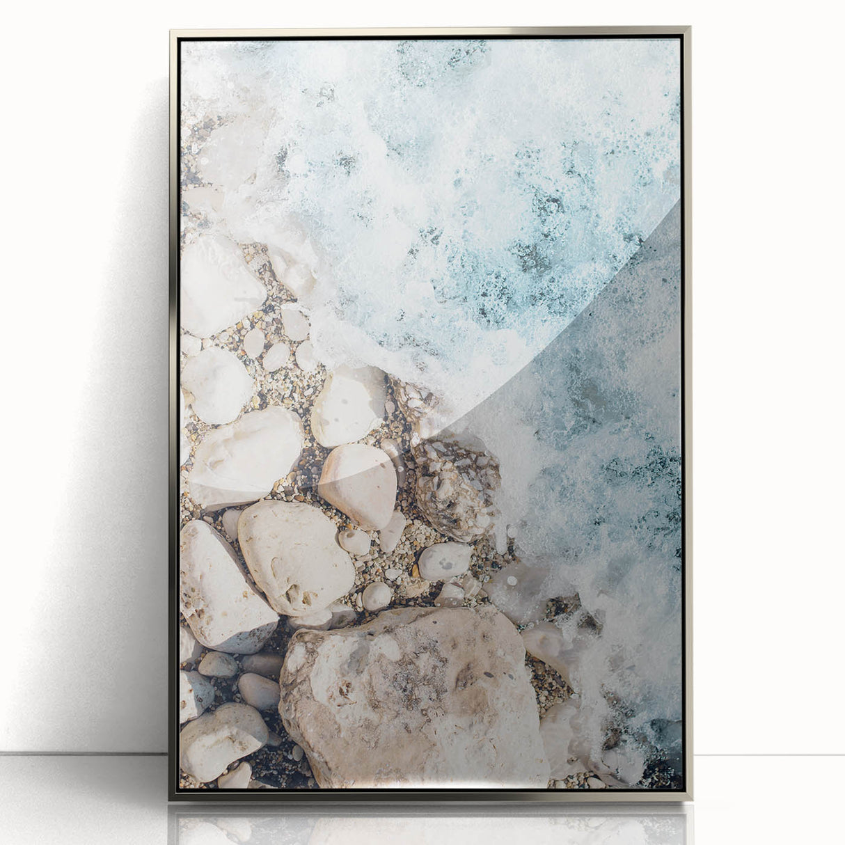Mid-century modernist art featuring a summer season theme in vibrant colors on a silver-framed acrylic print.
