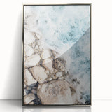 Mid-century modernist art featuring a summer season theme in vibrant colors on a silver-framed acrylic print.