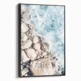 Black and white framed canvas featuring a summer landscape scene in vintage poster art style, suitable for bedroom decor.