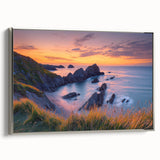Framed canvas print of a picturesque cliff landscape with silver accents, showcasing vibrant colors and intricate details, perfect for home decor or art enthusiasts.