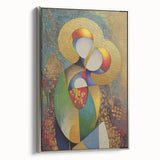 Framed abstract figurative canvas art in silver frame, showcasing vibrant colors and dynamic shapes, perfect for modern home decor. Side view displays craftsmanship.