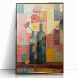 Framed abstract floral wall art in vibrant colors, featuring intricate designs and a sleek silver frame, perfect for modern home decor accents.