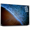 Abstract landscape wall art displayed in a sleek acrylic glass frame, showcasing vibrant colors and intricate details. Side view highlights the unique pin mounting, perfect for modern decor.