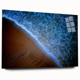 Abstract landscape wall art featuring vivid colors and fluid shapes, displayed in an acrylic frame from a side view, enhancing modern decor aesthetics.