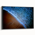 Framed abstract landscape wall art showcasing vibrant colors and intricate patterns on a black frame, viewed from the side, perfect for modern decor.