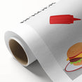 Art deco poster featuring stylized food and drink motifs in bold colors on rolled canvas, ideal for dining room decor.