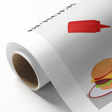 Art deco poster featuring stylized food and drink motifs in bold colors on rolled canvas, ideal for dining room decor.