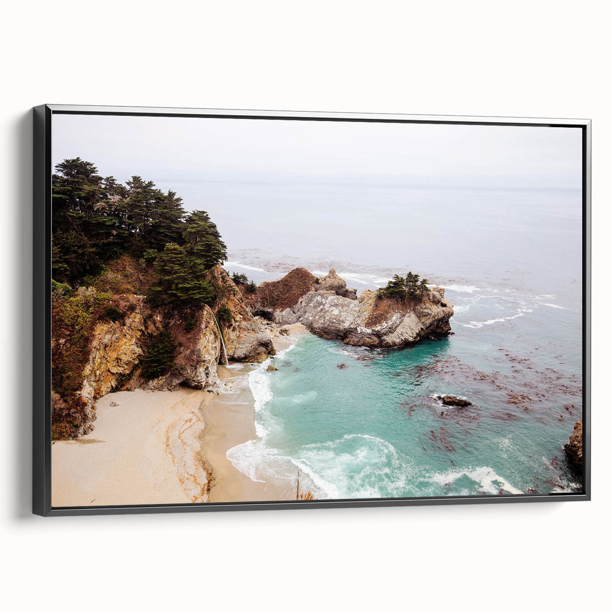 Black and white wall art featuring a vintage poster-style landscape painting on a framed canvas, ideal for bedroom decor.