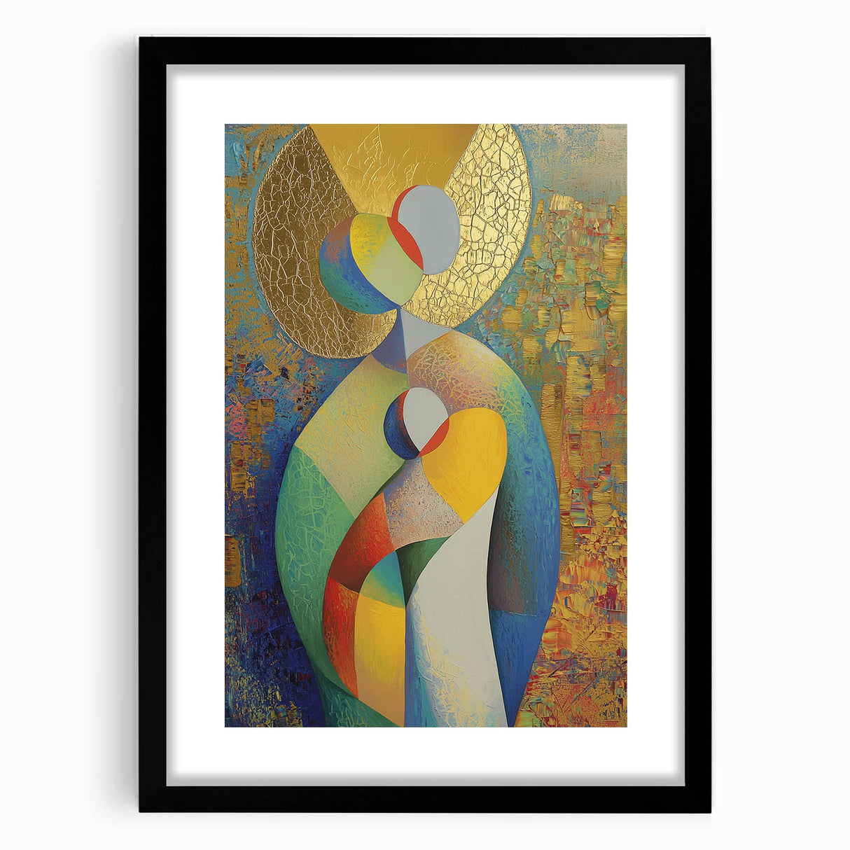Abstract figurative black frame with a mat, showcasing a contemporary art piece in a front view. Perfect for modern home decor, adding an elegant touch.