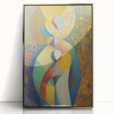 Abstract figurative artwork framed in gold, showcasing vibrant colors and dynamic shapes, perfect for modern home decor or artistic display.
