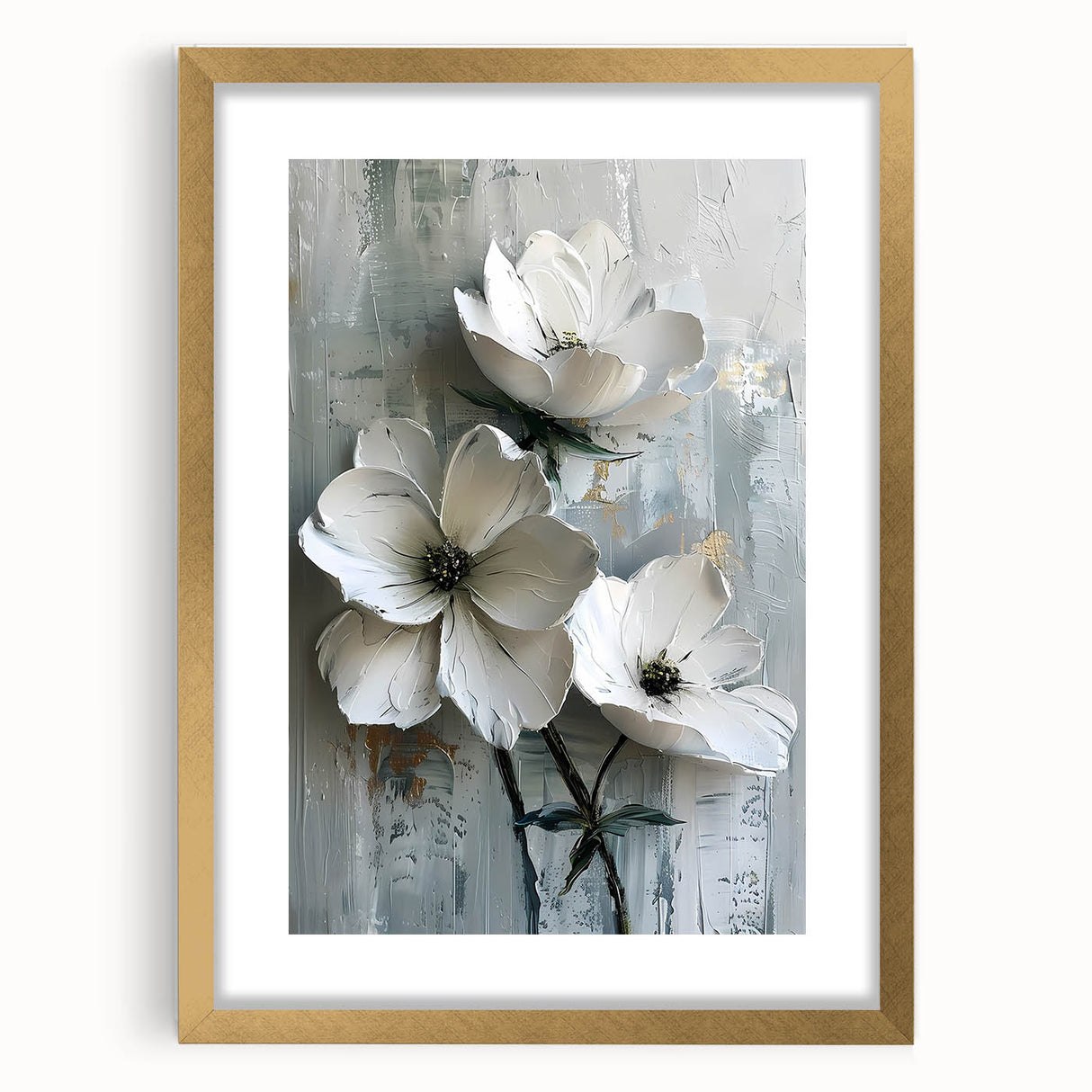 Abstract floral wall art in a gold frame with matting, showcasing vibrant colors and intricate flower designs, perfect for modern home decor.