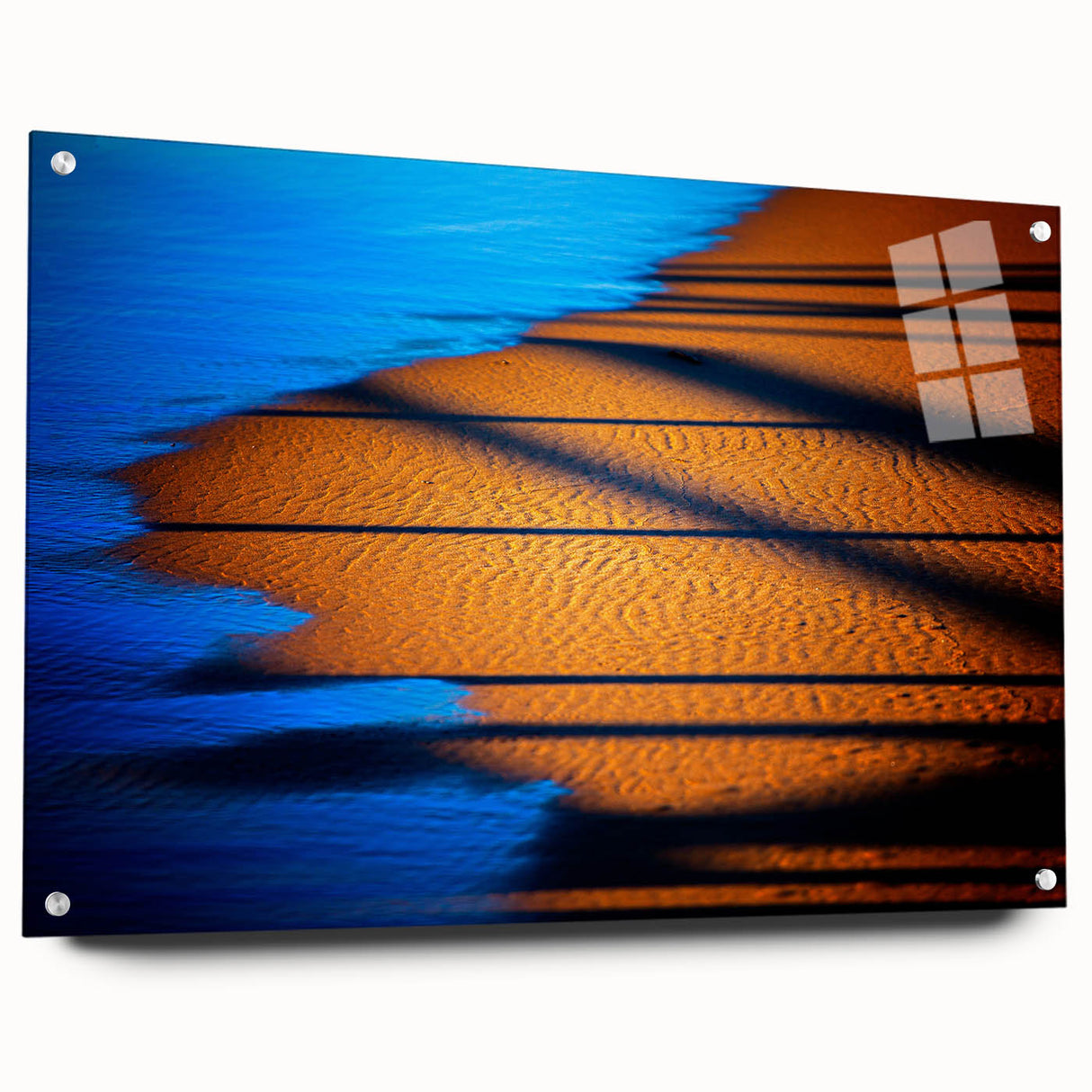 Abstract landscape wall art displayed in an acrylic frame, showcasing vibrant colors and textures. The side view highlights pin-mounted design, perfect for modern decor.