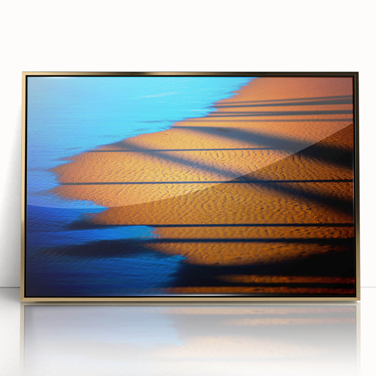 Framed abstract landscape wall art in gold acrylic, showcasing vibrant colors and fluid shapes, perfect for modern home decor. Ideal for enhancing living spaces.