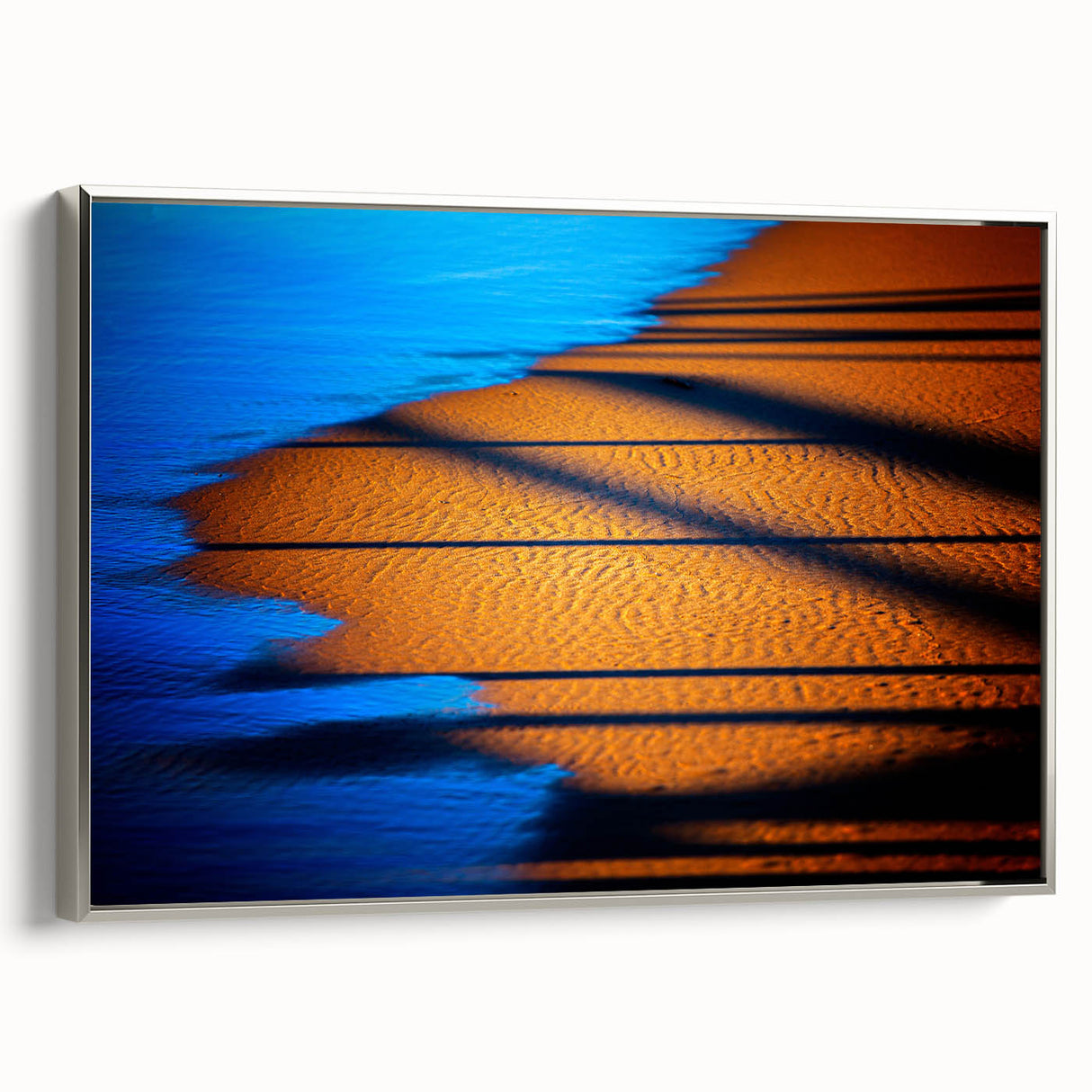 Framed abstract landscapes wall art showcasing a silver frame, featuring vibrant colors and dynamic textures, ideal for modern home decor.