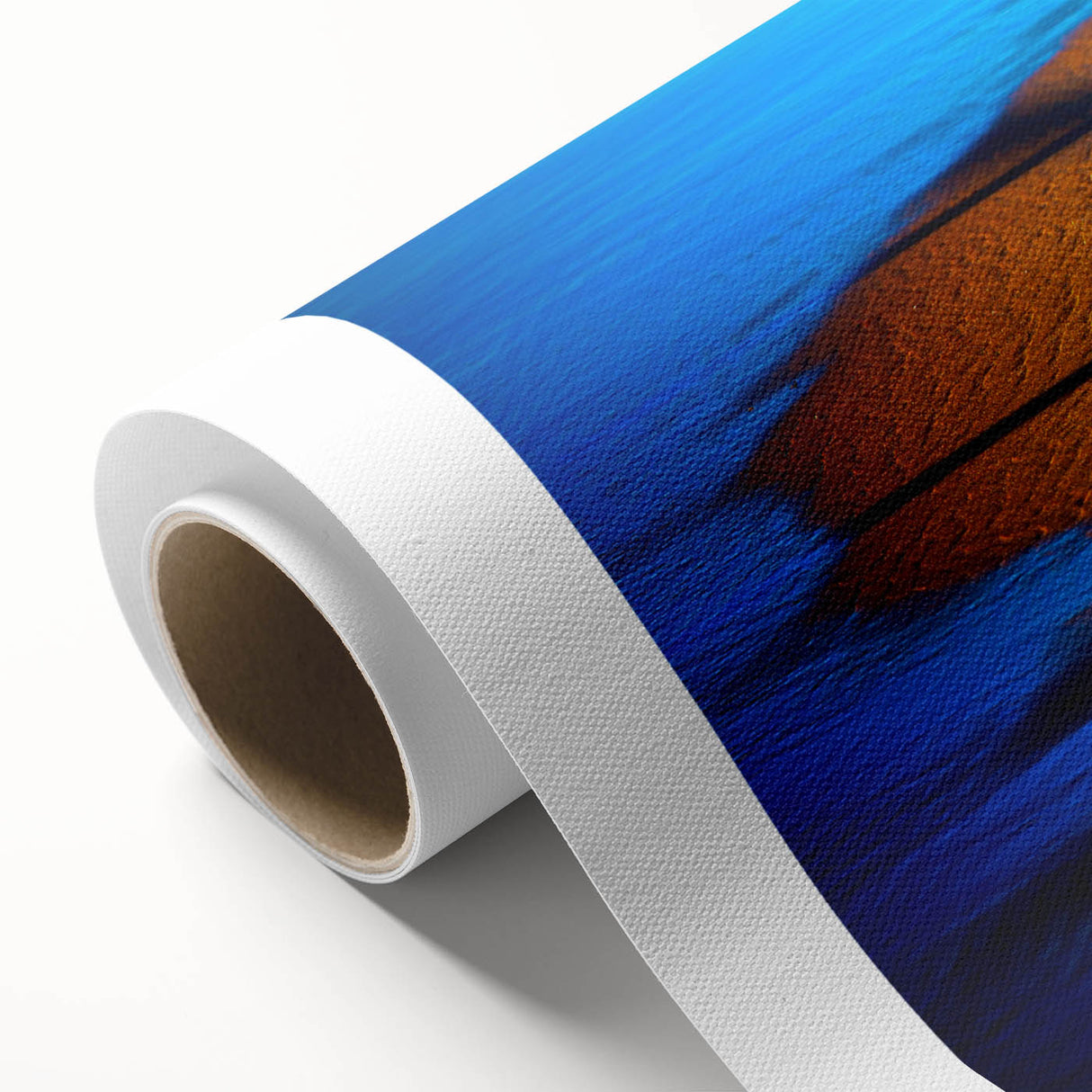 Abstract landscape wall art on rolled canvas showcasing vibrant colors and fluid shapes, ideal for modern home decor. The design features a blend of teal, orange, and gold tones, creating a calming yet dynamic visual effect. Perfect for adding a touch of sophistication to any room.