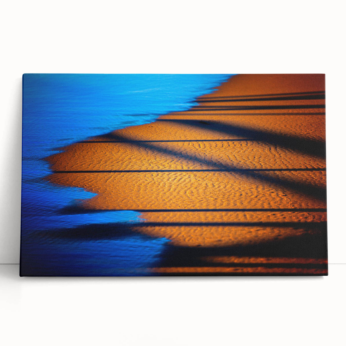 Abstract landscape wall art on stretched canvas, showcasing vibrant colors of blue, green, and orange, with a modern design ideal for home decor. This artwork adds a contemporary touch to any space, perfect for living rooms or offices.