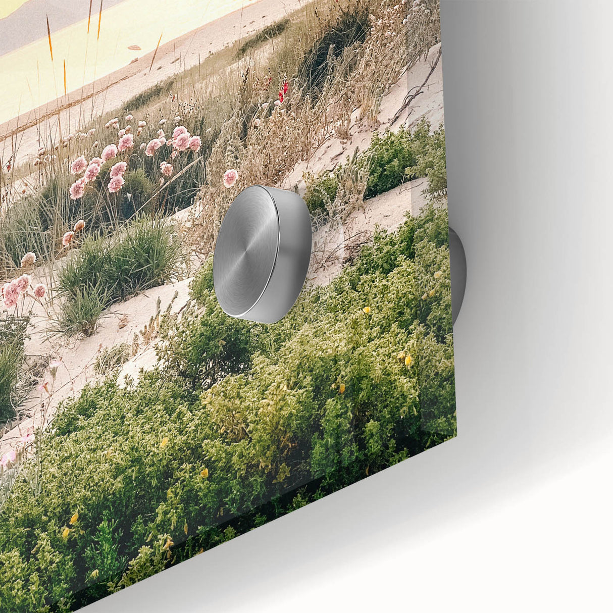 Large abstract wall art in vibrant orange and yellow tones on acrylic glass, ideal for dining room ambiance.