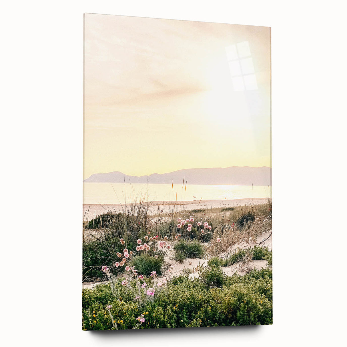 Large abstract wall art on acrylic glass depicting vibrant summer shades, ideal for bedroom or dining room decor.
