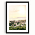 Extra large abstract art print with vibrant summer hues on textured canvas, framed in black, ideal for living room decor.