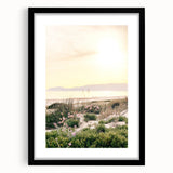 Extra large abstract art print with vibrant summer hues on textured canvas, framed in black, ideal for living room decor.