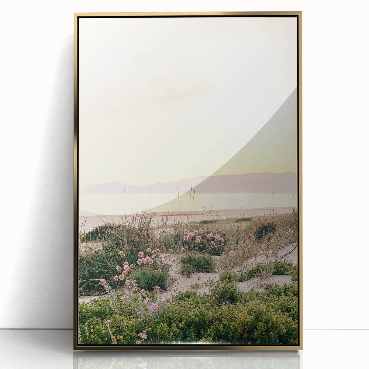 Large art print of a mid-century modernist summer scene in vibrant colors on a gold-framed acrylic.