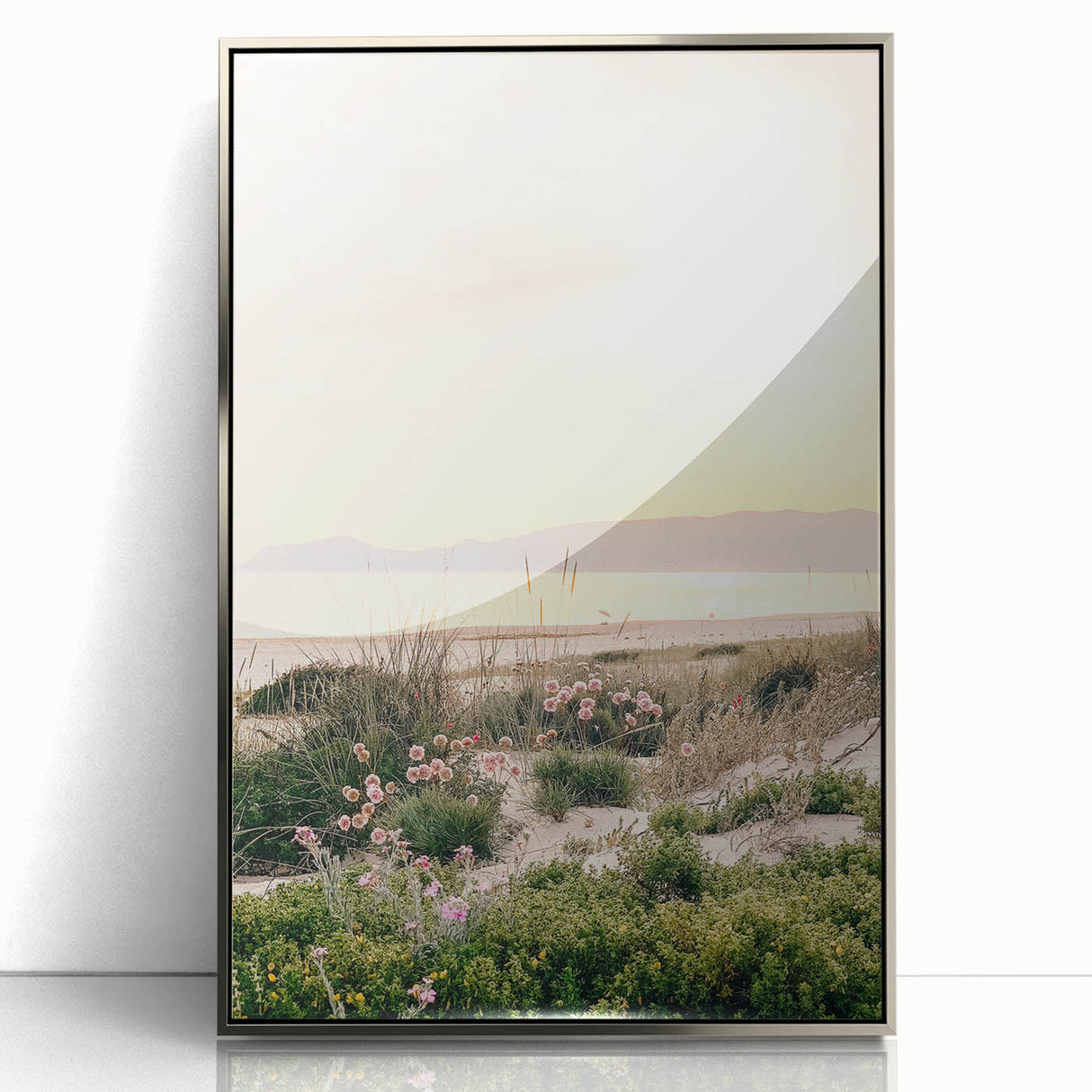 Mid-century modernist art depicting summer season in vibrant hues on a silver-framed acrylic print.