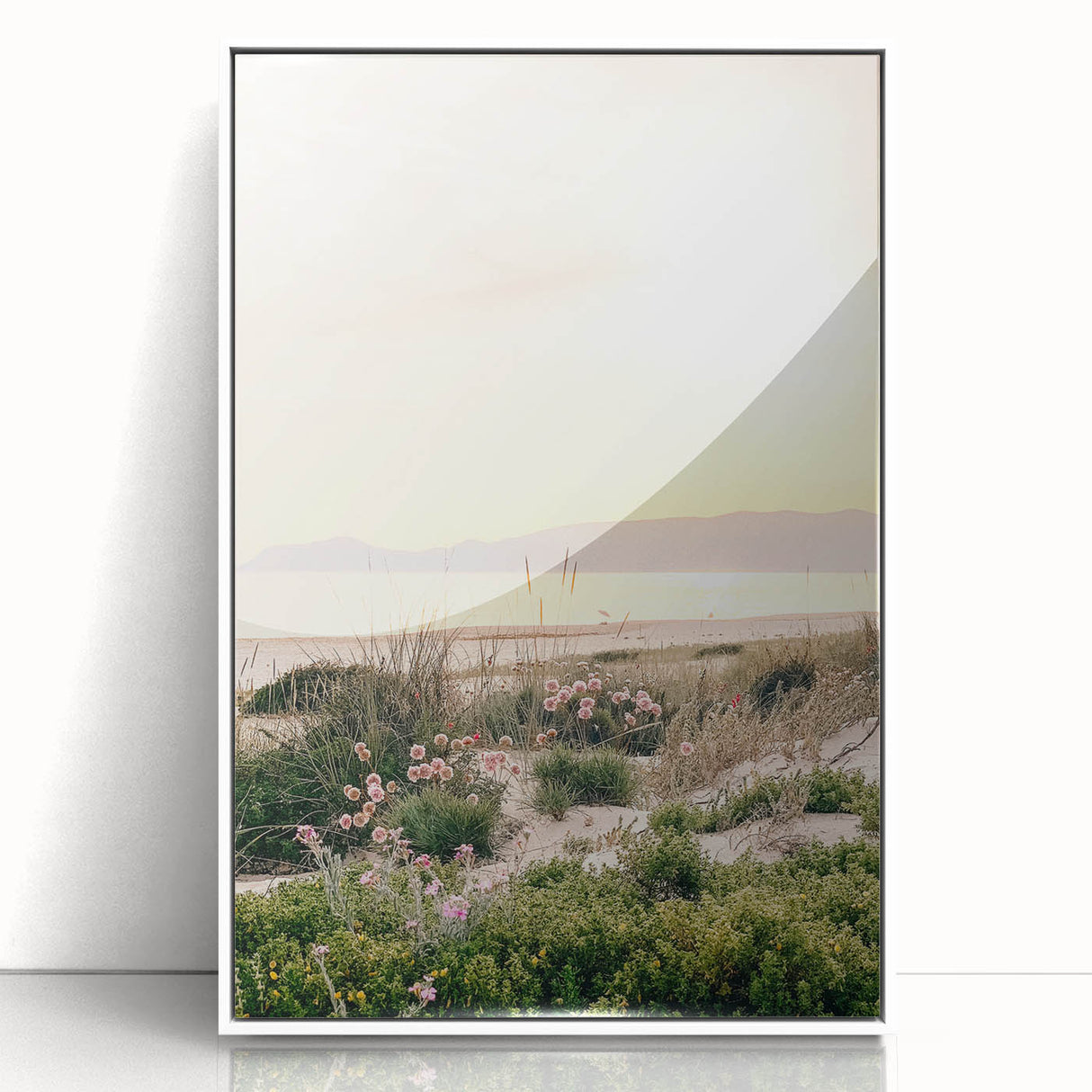 Art deco poster of a summer scene in pastel shades on white framed acrylic, suitable for nursery wall art.