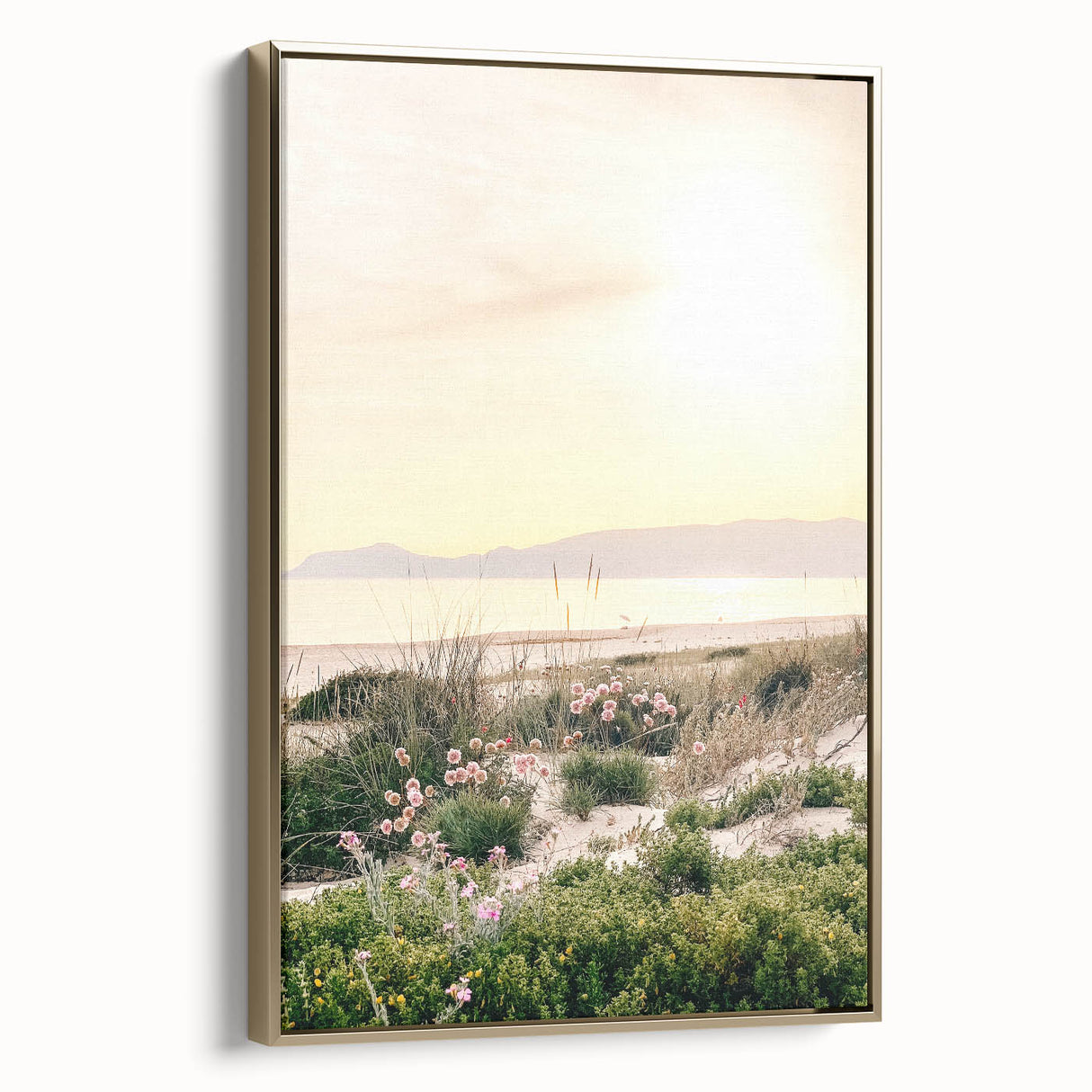 Framed canvas depicting a vintage-style summer landscape with muted gold and black tones, ideal for bedroom wall decor.