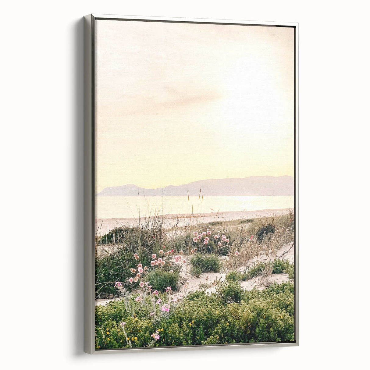 Framed canvas depicting a vintage-style landscape with vibrant summer colors, ideal for brightening a living room wall.