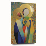 Abstract figurative acrylic artwork displayed on glass, showcasing vibrant colors and fluid shapes from a side view, ideal for modern home decor.