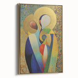Abstract figurative framed canvas artwork with gold accents, showcasing a modern design in a stylish side view, perfect for enhancing contemporary interiors.