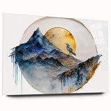 Abstract landscape wall art displayed in a sleek acrylic glass frame, showcasing vibrant colors and intricate details, perfect for modern decor.