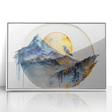 Framed abstract landscape wall art in acrylic, showcasing vibrant colors of blue and green, set against a sleek white frame, perfect for modern decor.
