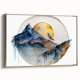 Framed canvas wall art showcasing an abstract landscape design with gold accents, viewed from the side. Perfect for modern home decor or office aesthetics.