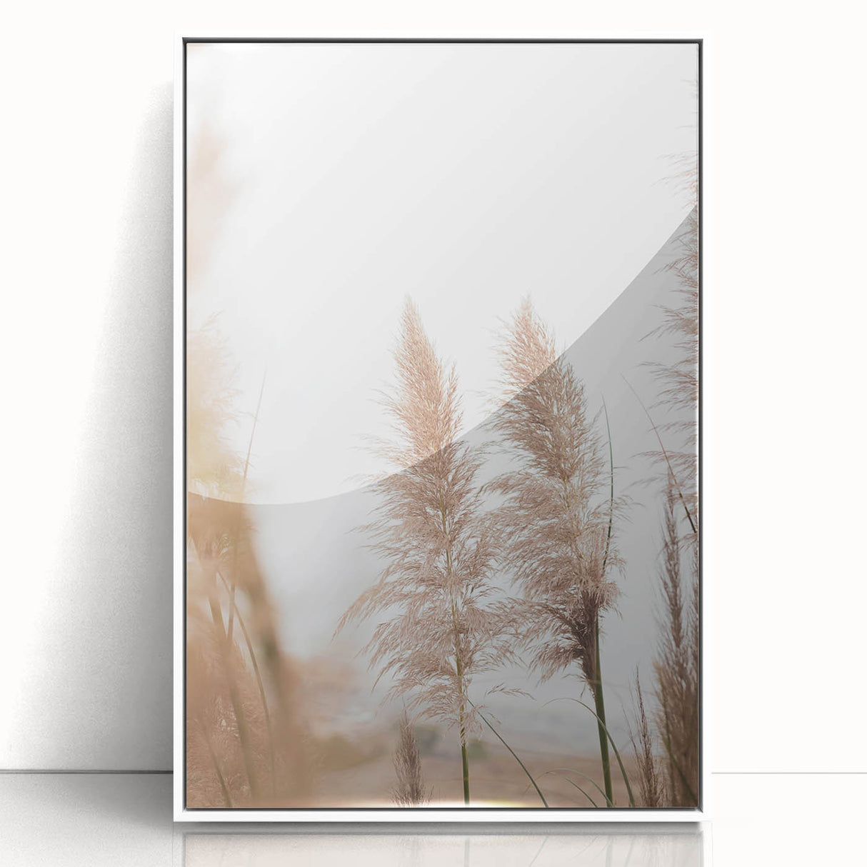 Art deco style poster of a summer scene in pastel shades, framed in white acrylic, suitable for nursery wall art.