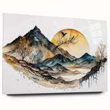 Abstract landscape wall art displayed in an acrylic glass frame, showcasing vibrant colors and dynamic shapes, ideal for modern home decor.